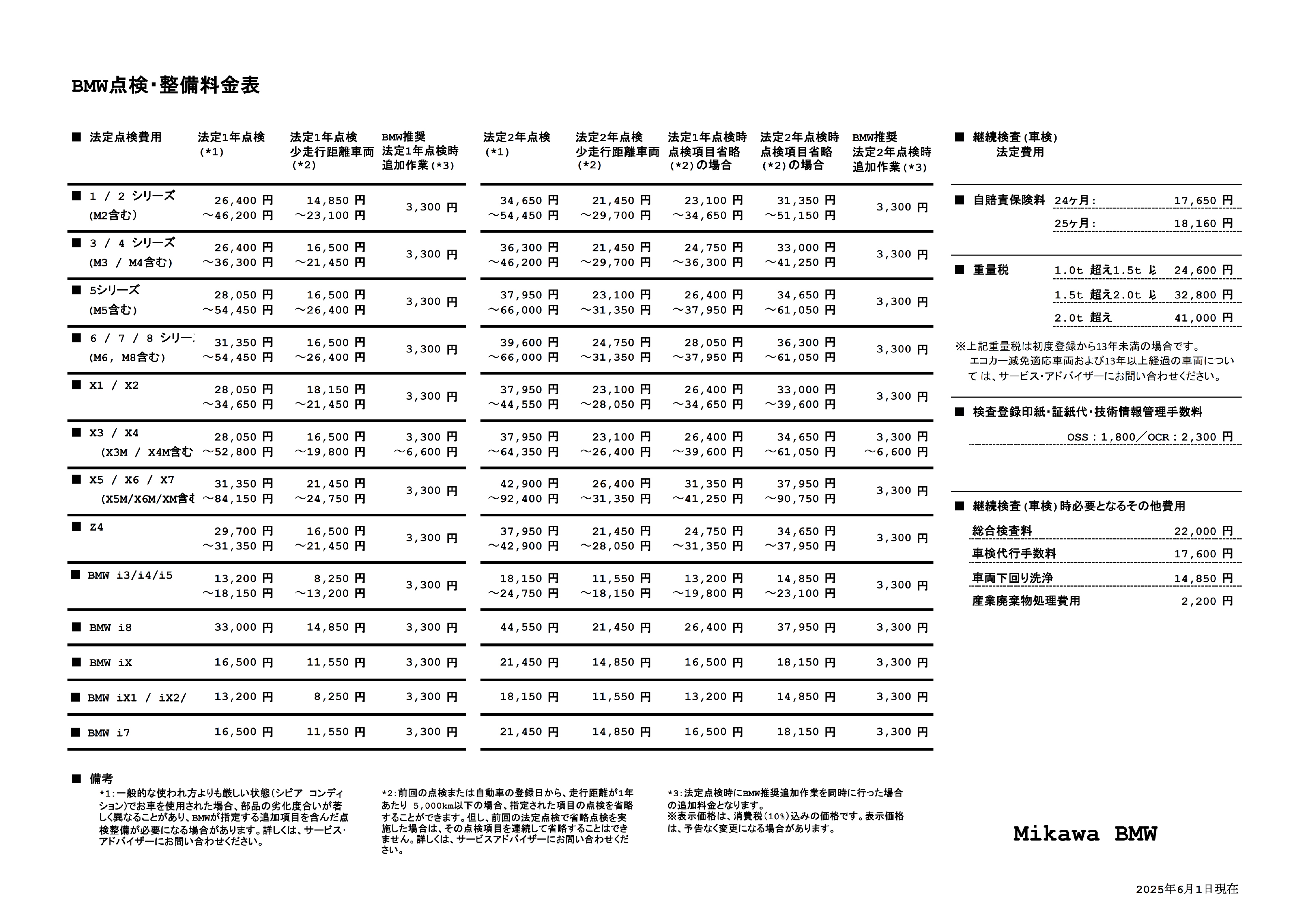 点検整備料金表