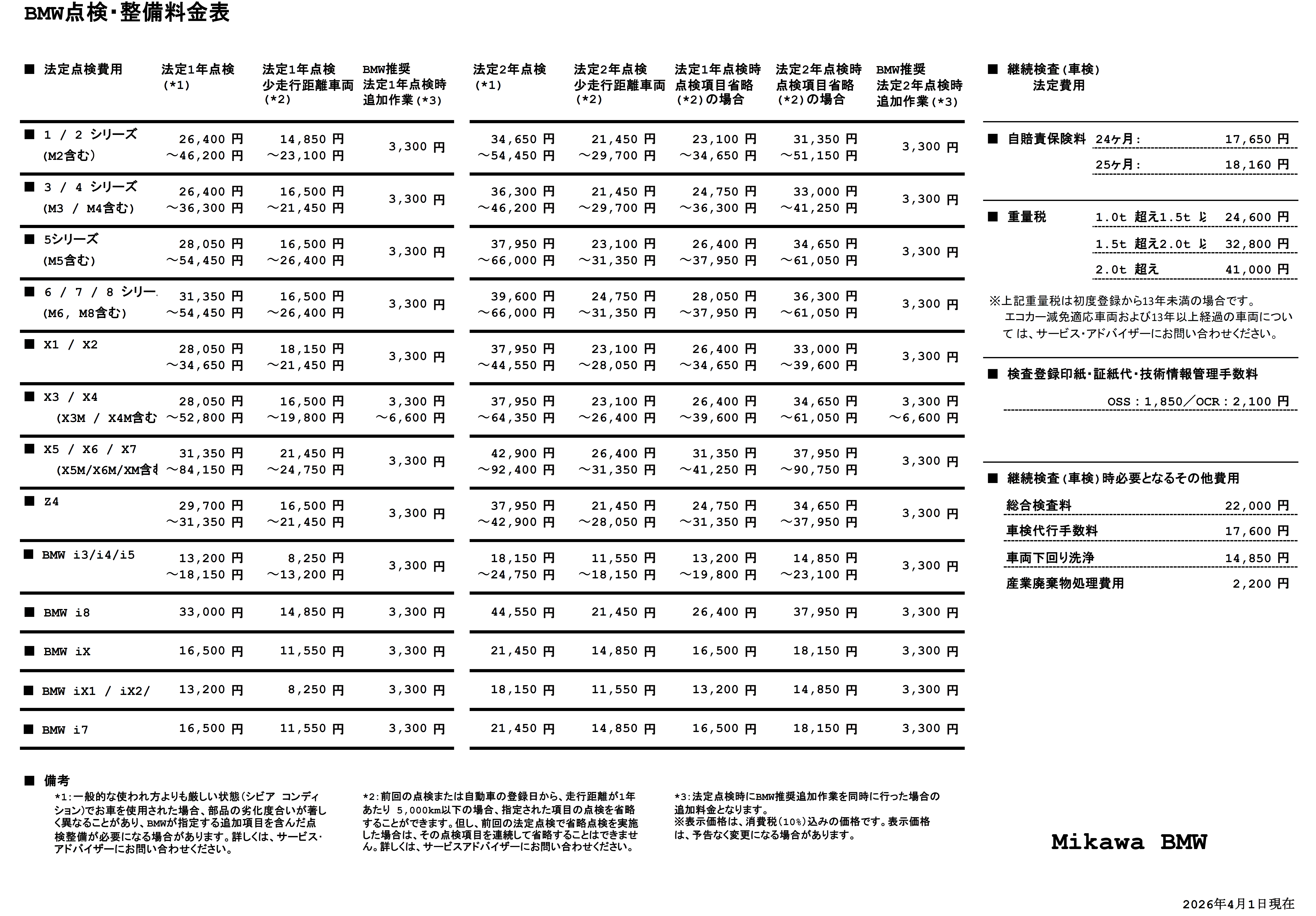 点検整備料金表
